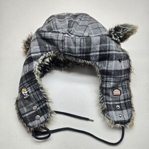 Neff Unisex Trapper Hat ONE SIZE Gray Black Snap Logo Faux Fur